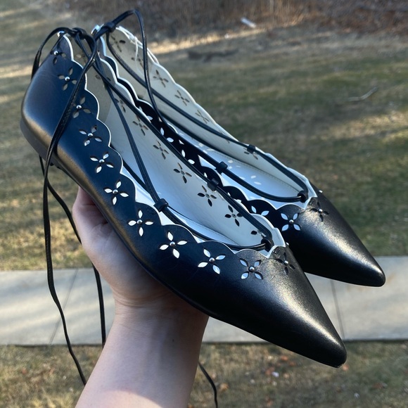 Michael Kors Thalia Black Leather Pointed Toe Ballet Flats Lace Up Floral Flats